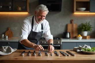 Homme en cuisine choisissant un couteau à steak