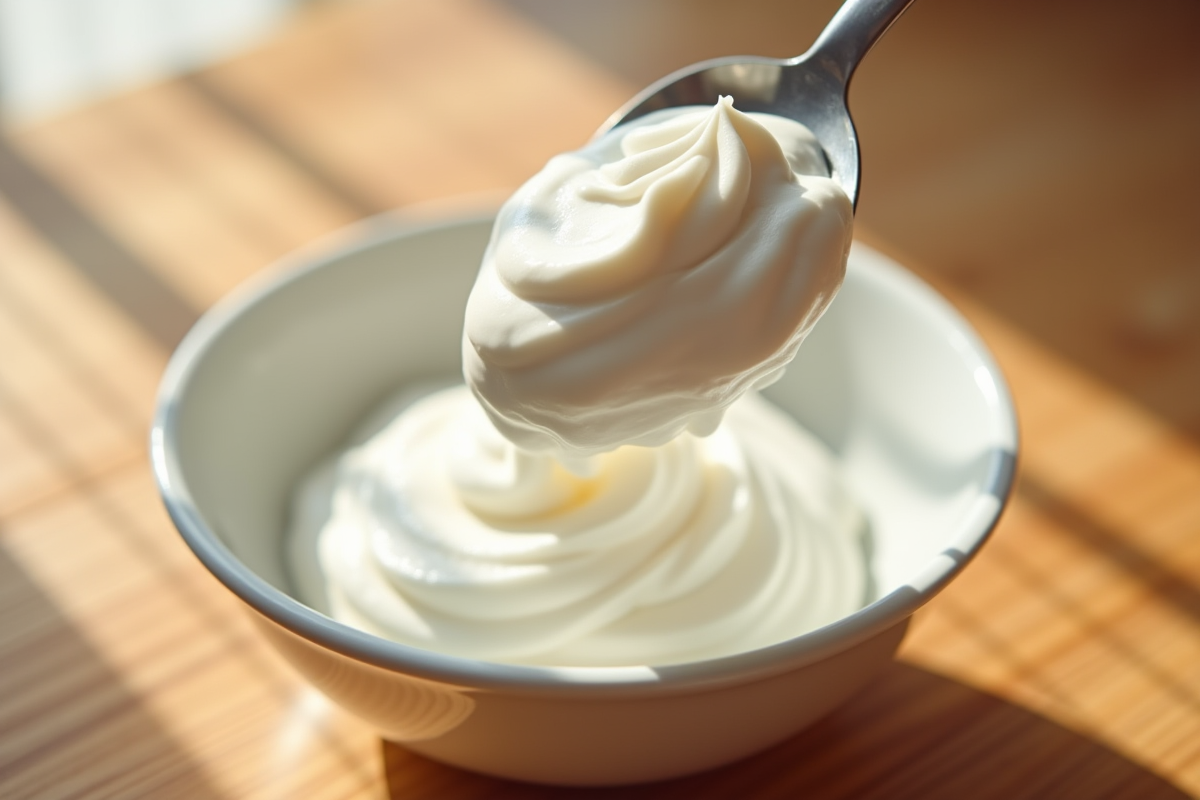 Crème fouettée dans un bol en cuisine lumineuse
