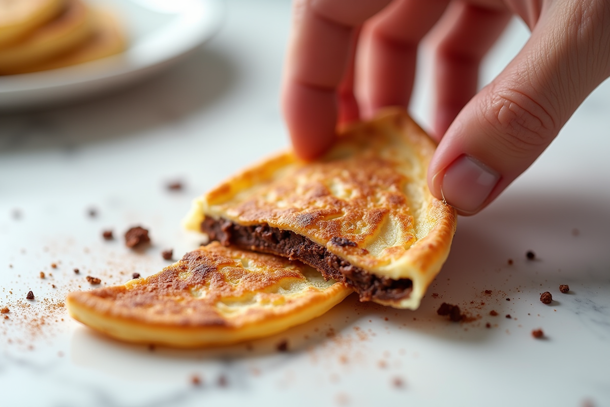 Main cassant une crêpe dentelle chocolat croustillante