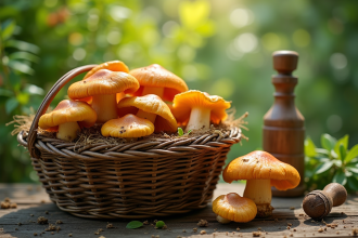 Champignons chanterelle fraîchement cueillis dans un panier rustique