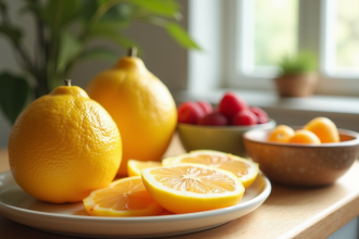 Plan rapproché d'une cuisine colorée avec yuzu yams et baies fraîches