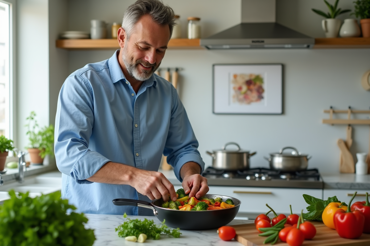 Homme en chemise bleue cuisinant un stir-fry de légumes frais