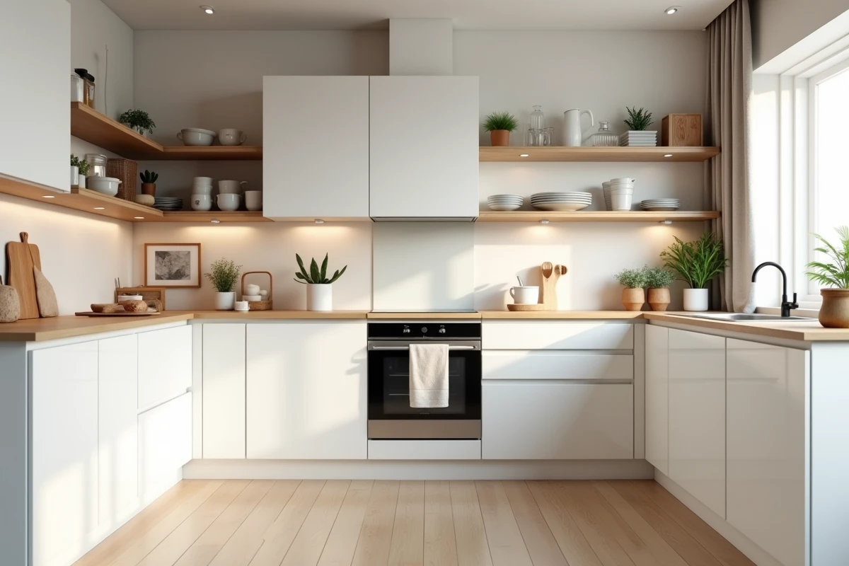 Cuisine en U Ikea avec façades blanches brillantes et plan de travail en bois clair dans un appartement moderne