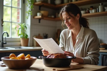 Femme moyenne âge consulte une carte de cuisine dans une cuisine chaleureuse