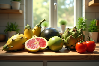 Cuisine avec fruits et legumes juteux comme jackfruit et jicama