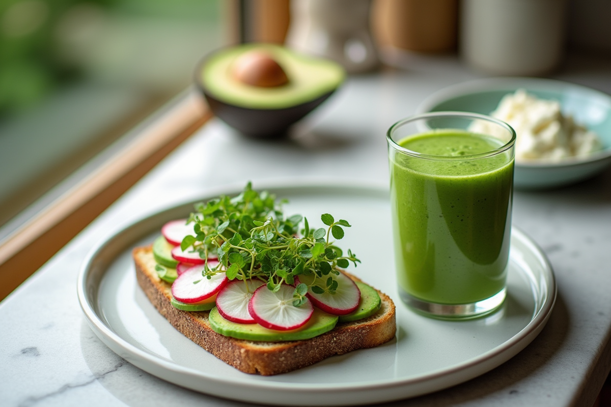 Vue de dessus d un smoothie vert et toast à l avocat