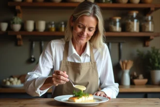 Femme cuisinant une sauce aux échalotes sur poisson blanc
