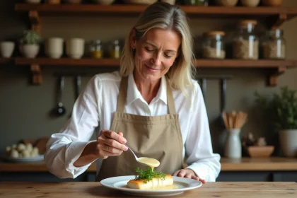 Femme cuisinant une sauce aux échalotes sur poisson blanc
