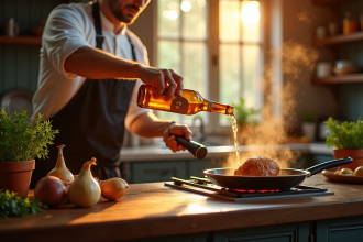 Cuisine rustique avec un chef versant une bière IPA dans une poêle