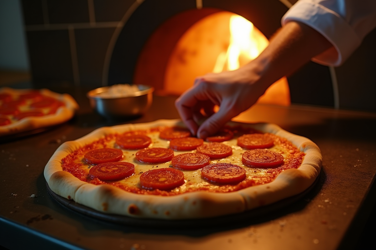Chef place des tranches de chorizo sur la pizza avant cuisson
