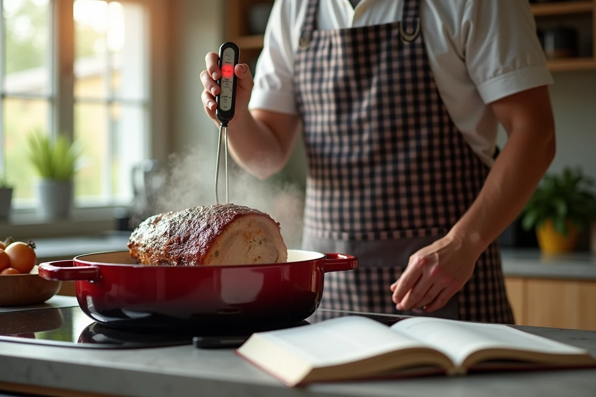Homme en tablier vérifie la cuisson d’un rôti de porc dans une cuisine moderne