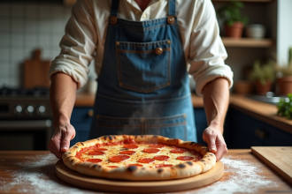 Homme en tablier en denim sortant une pizza du four