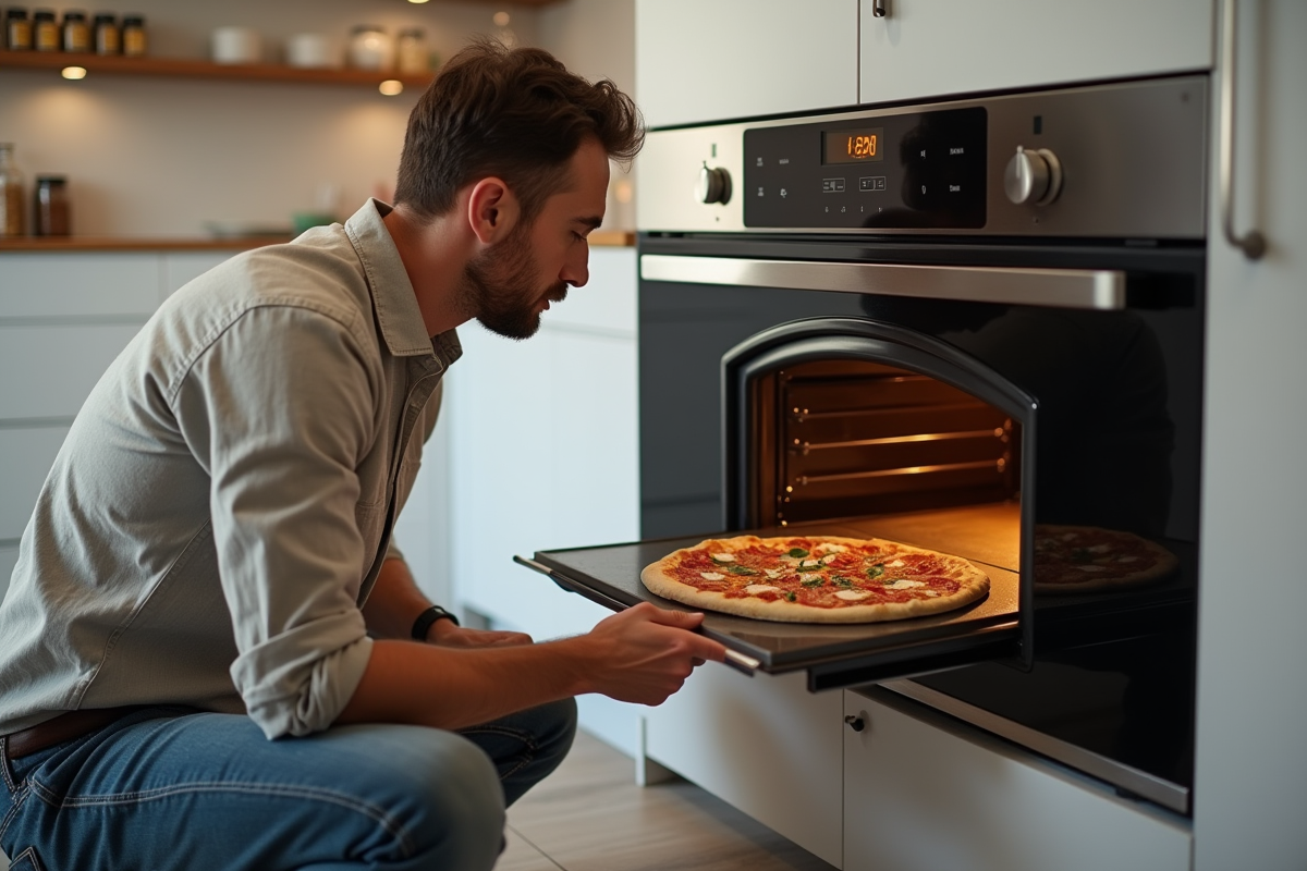 Homme d'âge moyen préparant une pizza dans la cuisine moderne