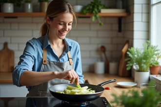 Femme en cuisine préparant des endives dans une poêle moderne
