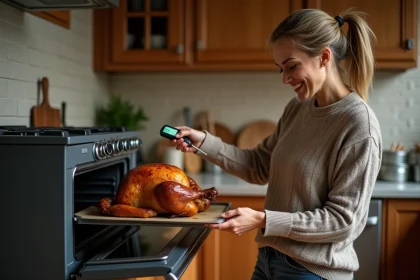 Femme souriante sortant un poulet doré du four