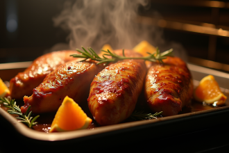Cuisses de canard rôties dorées dans le four avec romarin et orange