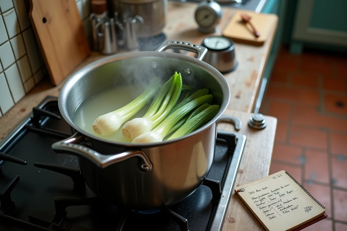 Casserole d'endives en train de cuire sur une gazinière avec minuteur et carnet de recettes
