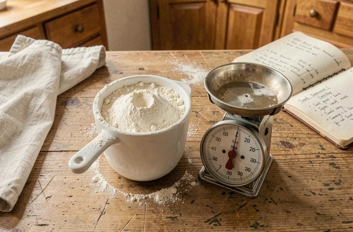 Tasse à mesurer remplie de farine blanche posée à côté d'une balance de cuisine affichant une mesure en grammes sur un plan de travail en bois rustique