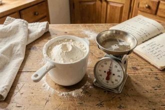 Tasse à mesurer remplie de farine blanche posée à côté d'une balance de cuisine affichant une mesure en grammes sur un plan de travail en bois rustique