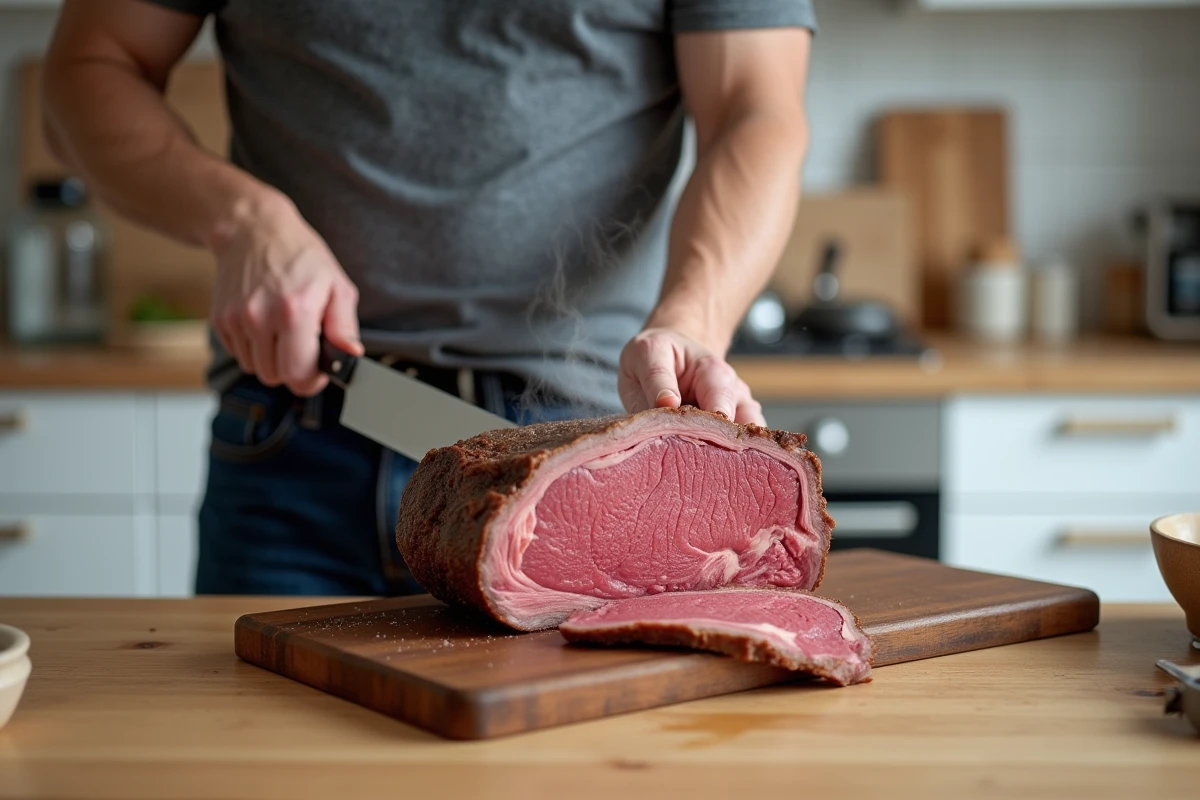 Homme découpant un rôti de bœuf tendre et juteux en tranches après cuisson à la poêle