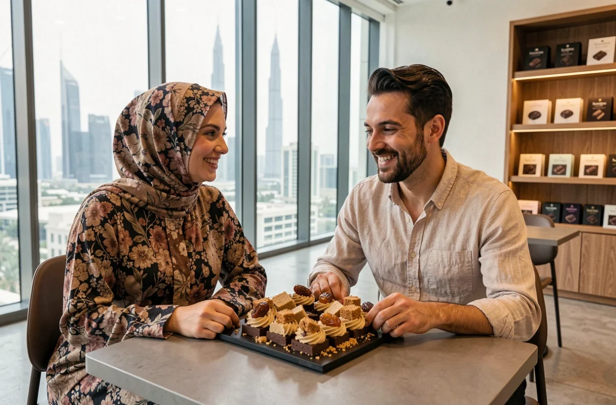 Deux amis dégustant un plateau de chocolats aux saveurs de Dubaï avec tahini et caramel de dattes dans une boutique moderne
