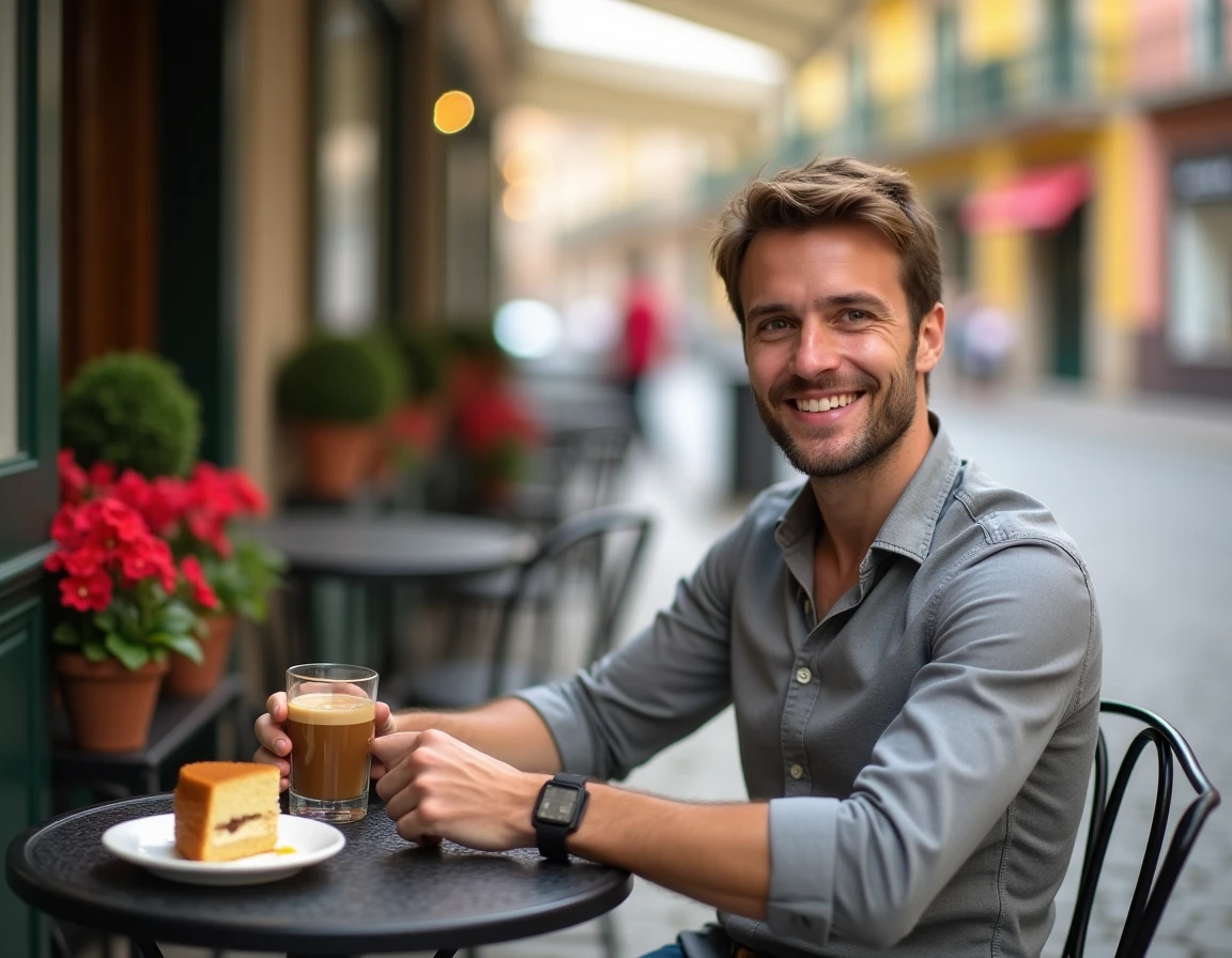 Homme dégustant un gâteau espagnol moelleux en terrasse d'un café traditionnel à Madrid avec un cortado