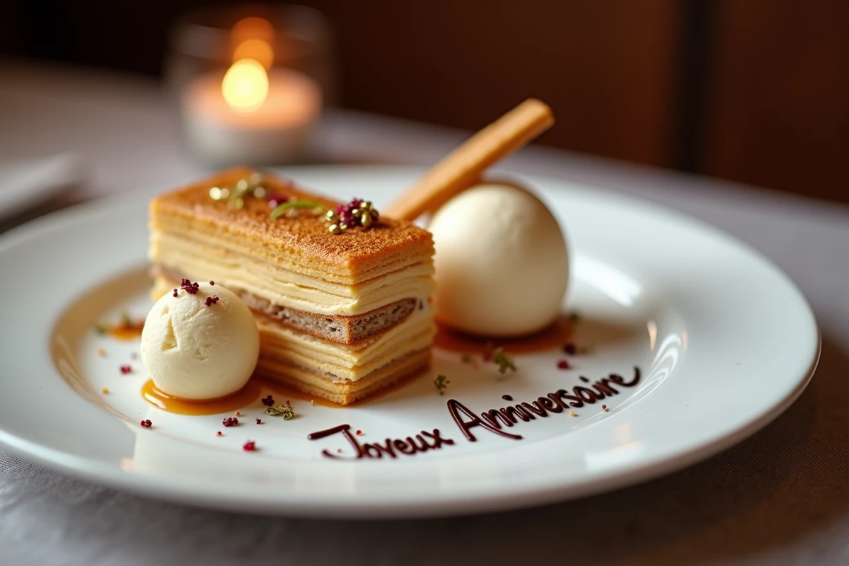 Dessert d'anniversaire gastronomique avec feuille d'or et inscription en chocolat dans un restaurant étoilé de Lille