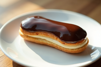 Éclair au chocolat glacé brillant sur une assiette blanche