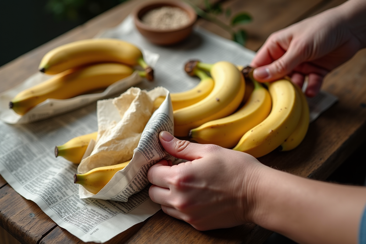 Mains enveloppant des bananes dans du papier sur une table en bois