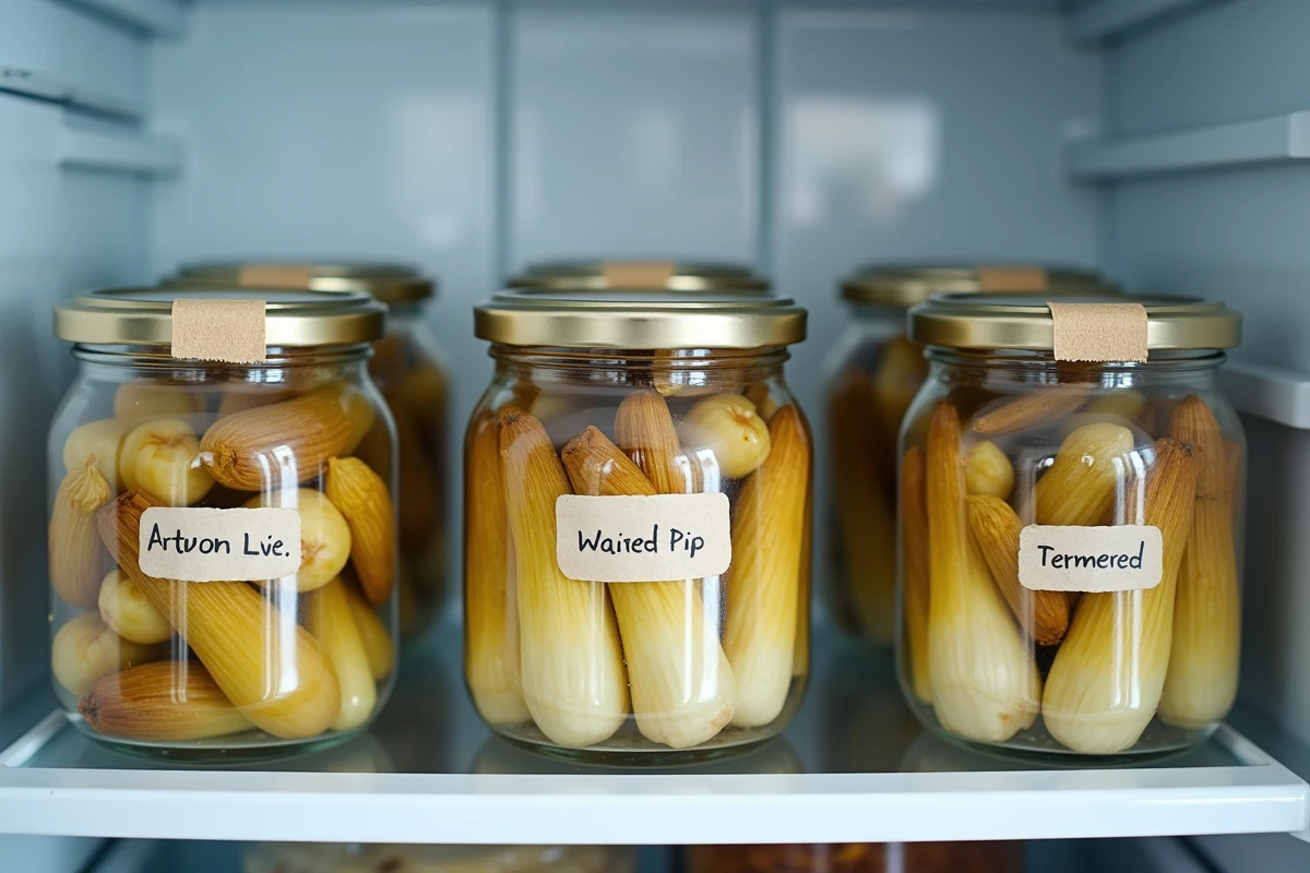 Boîtes en verre étiquetées remplies d'endives cuites rangées dans un réfrigérateur pour la semaine