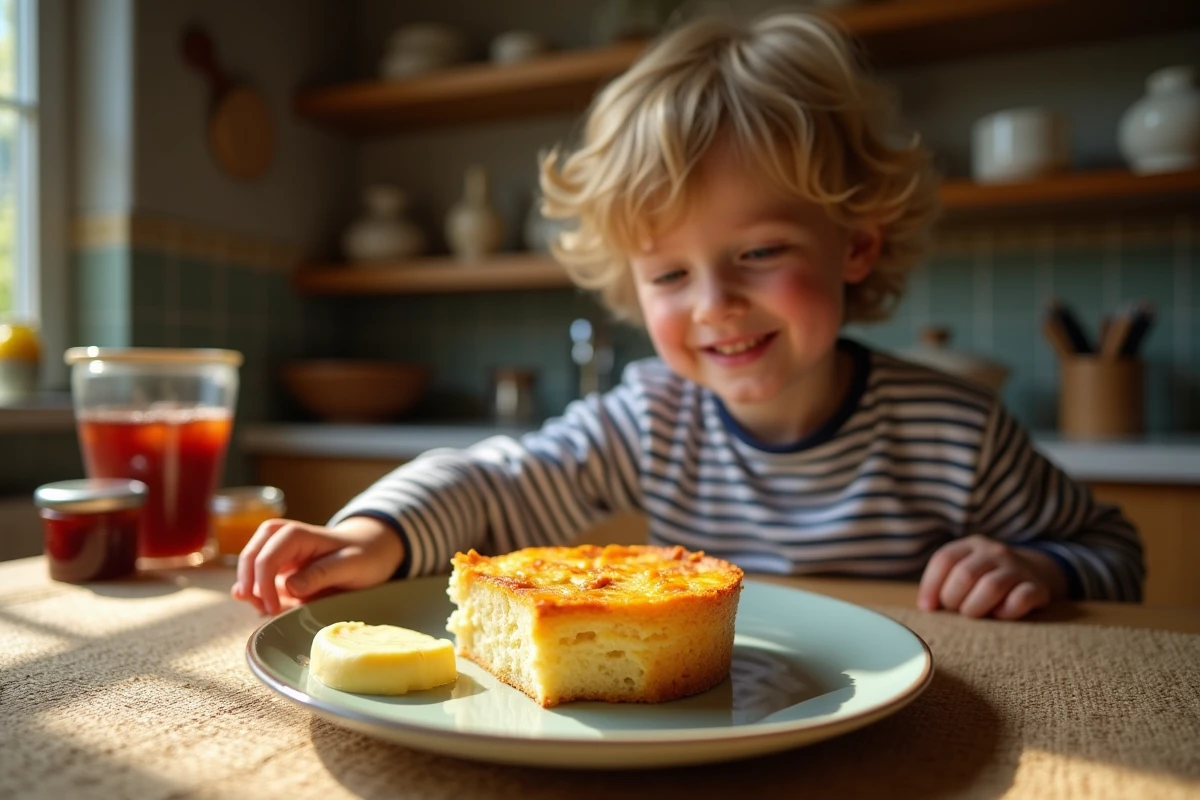 Jeune garçon souriant atteignant une tranche de quatrequarts breton