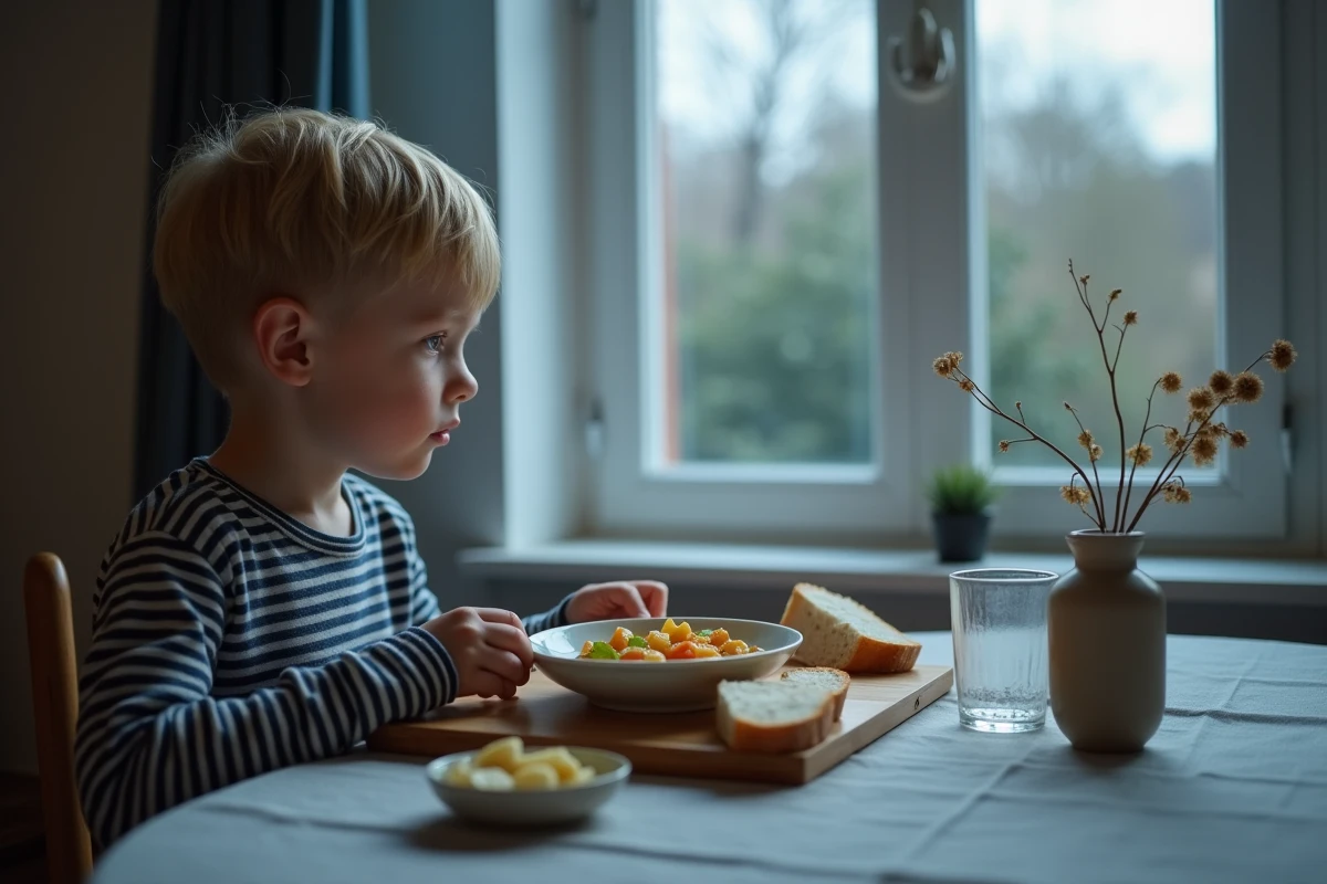 Garçon mangeant une soupe de légumes maison le soir dans une atmosphère calme propice au sommeil, repas léger et équilibré pour enfant