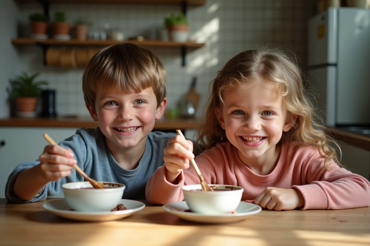 Deux enfants dégustant la crème chocolat vegan à la maison