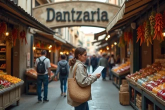 Femme à l'entrée du marché de Dantxaria à la frontière espagnole avec carte en main et sacs de courses