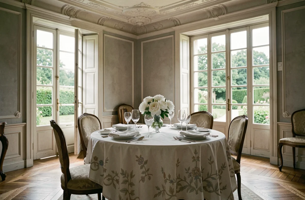 Salle à manger raffinée du Domaine de Barive à Sainte-Preuve, avec table dressée en porcelaine fine et vue sur le parc du château.