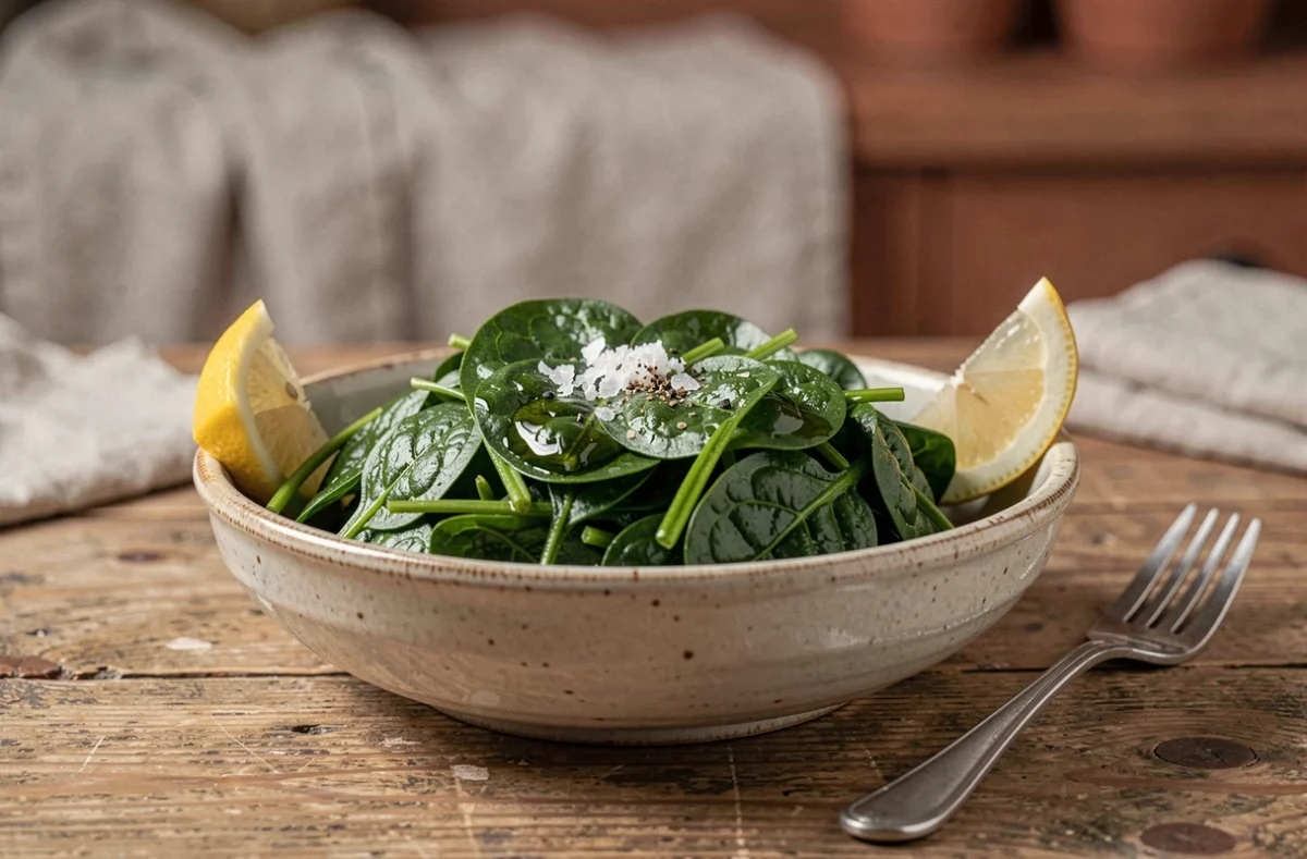 Bol en céramique avec épinards fondants assaisonnés à l'huile d'olive, fleur de sel et citron
