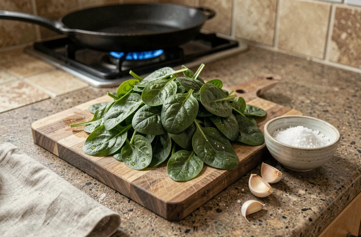 Épinards frais lavés sur une planche en bois avec ail et sel de mer, prêts à être cuisinés