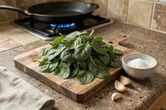 Épinards frais lavés sur une planche en bois avec ail et sel de mer, prêts à être cuisinés