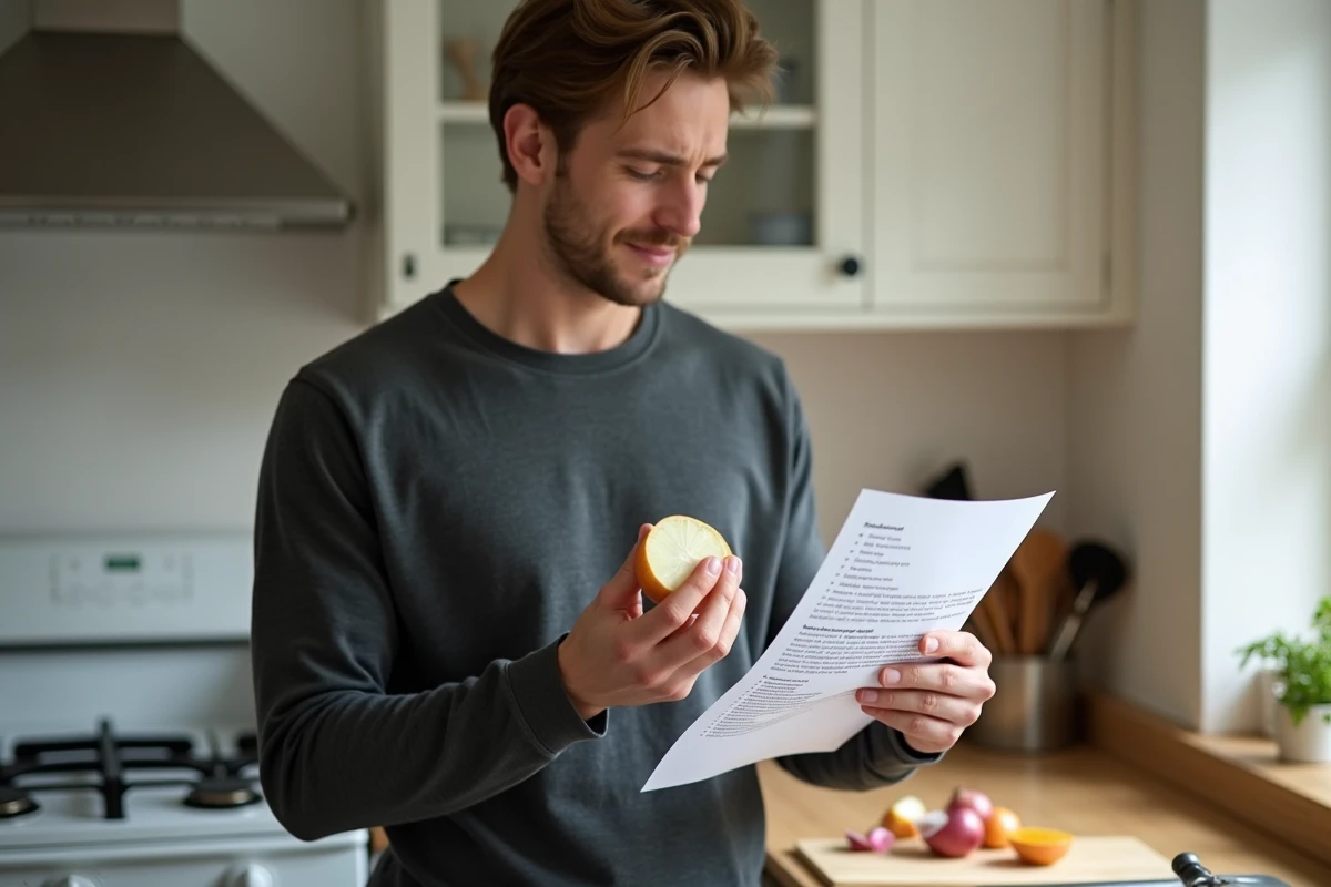Homme tenant un demi-oignon en consultant une recette, illustrant les erreurs de dosage courantes en cuisine