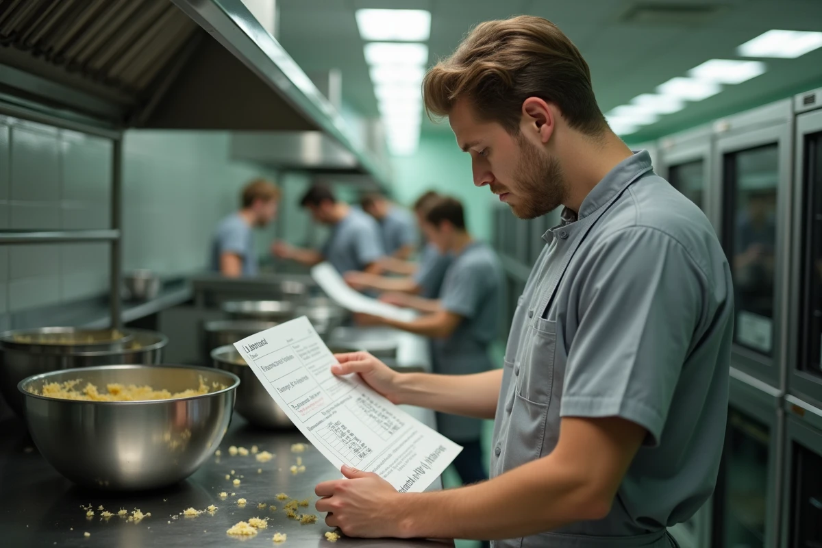 Étudiant en pâtisserie consultant un tableau de conversion litres kilogrammes dans une cuisine d'école culinaire
