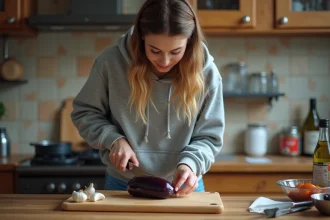 Étudiante préparant une recette aux aubergines dans une petite cuisine d'appartement