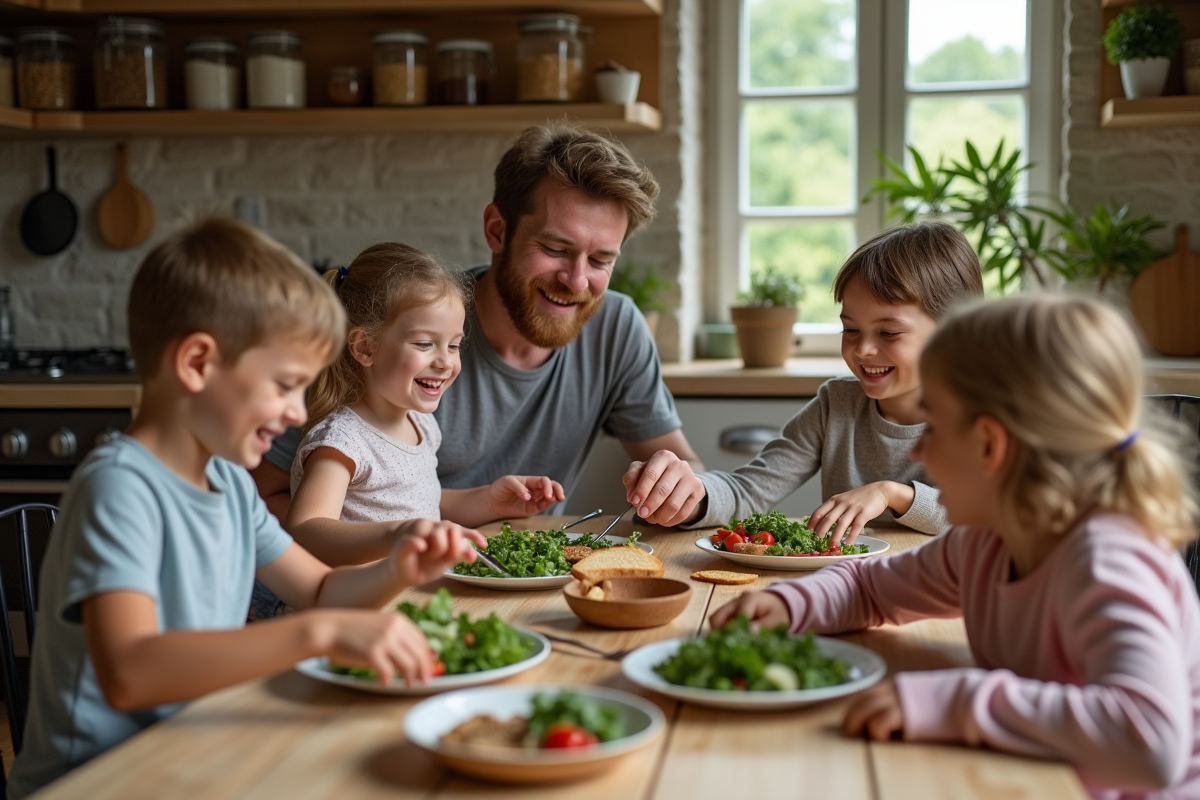 Famille dégustant repas bio à la maison