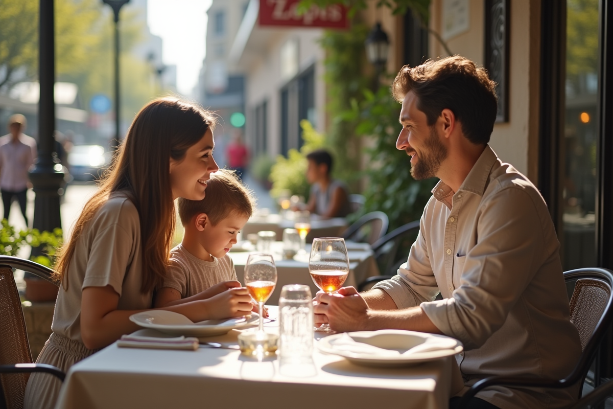Famille assise en terrasse ensoleillée d