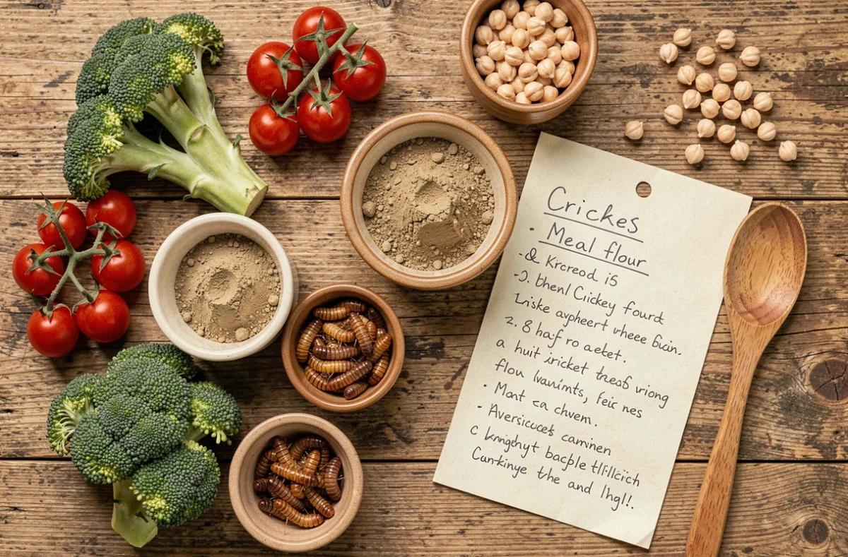 Farine de cricket et légumes frais sur une table en bois pour une alimentation flexitarienne