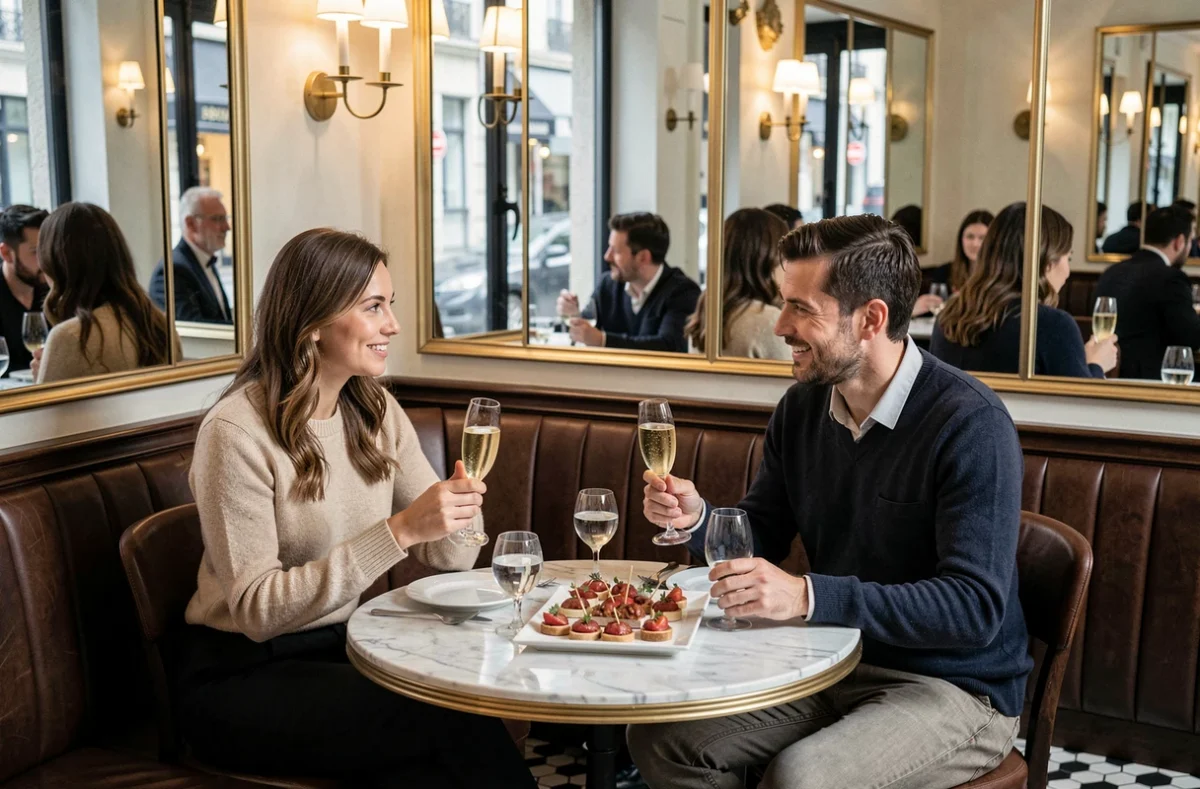 Couple élégant dégustant du champagne au restaurant Félicie à Lille, dans une salle de style brasserie parisienne avec sol en carreaux et miroirs en bois sombre.