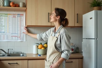 Femme accrochant un tableau de conversion cuisine au mur