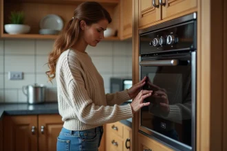 Femme d'âge moyen examinant un vieux four traditionnel dans la cuisine