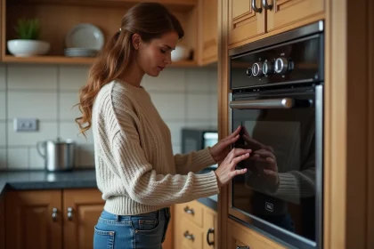 Femme d'âge moyen examinant un vieux four traditionnel dans la cuisine