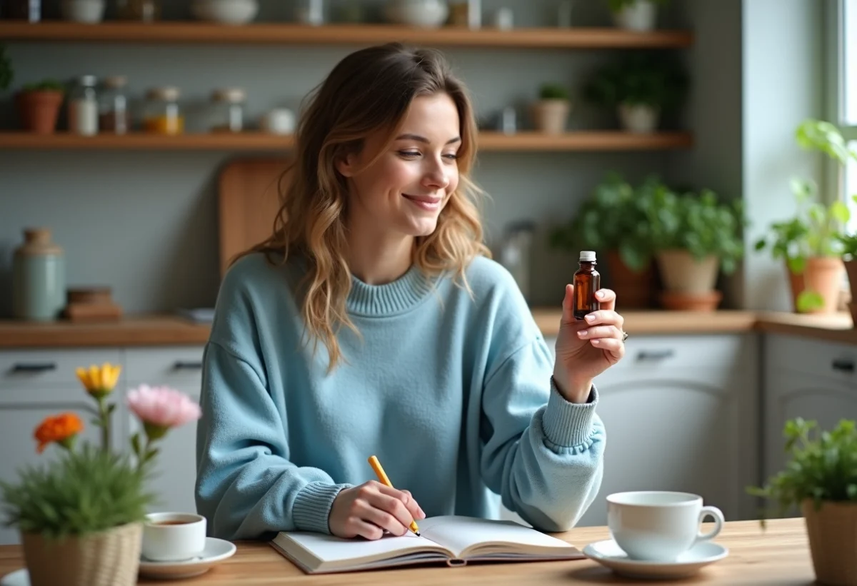 Femme souriante avec remède Bach dans la main