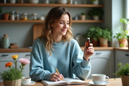 Femme souriante avec remède Bach dans la main